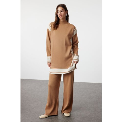 Trendyol Camel Relaxed Cut Knitwear Striped Tunic-Pants Bottom-Top Set Slike