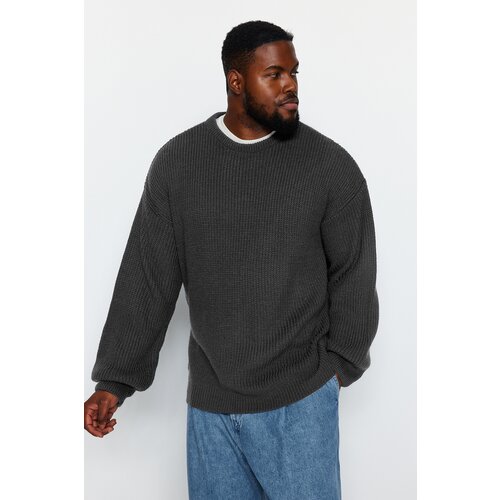 Trendyol Anthracite Plus Size Men's Oversize Fit Wide Fit Crew Neck Basic Knitwear Sweater Slike