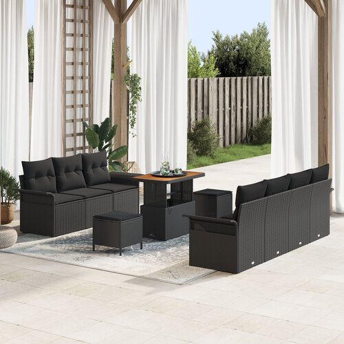 VidaXL 10-dijelni set vrtnih sofa s jastučićima Crni Poli Ratan Akacija, 2-sjedna vrtna sofa s jastučićima Crni Poli Ratan, 3-dijelni set vrtne blagovaonice s jastučićima Crni Poli Ratan Akacija Slike