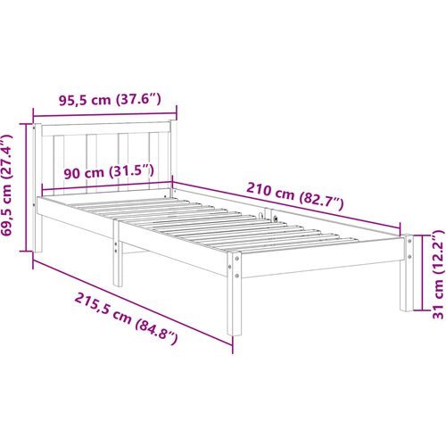  Dugi okvir kreveta bez madraca bijeli 90x210 cm od borovine Slike