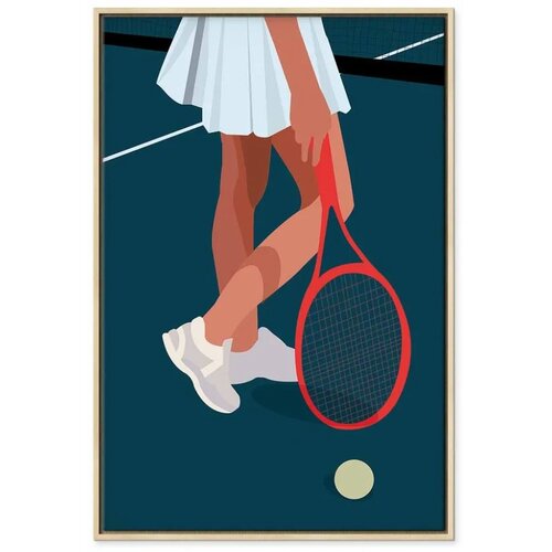  Slika - Female Tennis Player With a Red Racket on the Court - Graphics 40x60 U prirodnom drvenom okviru Slike