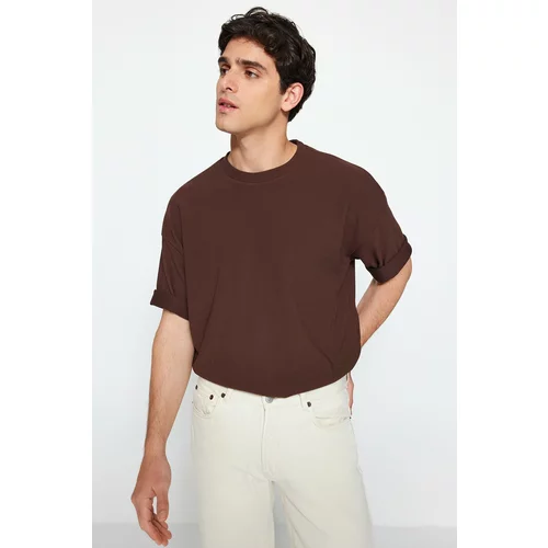 Trendyol Brown Men's Premium Oversized Crew Neck Short Sleeve Textured Ottoman T-Shirt.