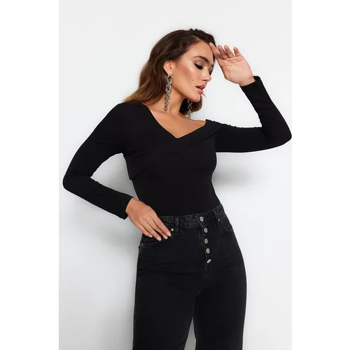 Trendyol Black Cotton, Stretchy Ruffles Fitted Crop Knitted Blouse