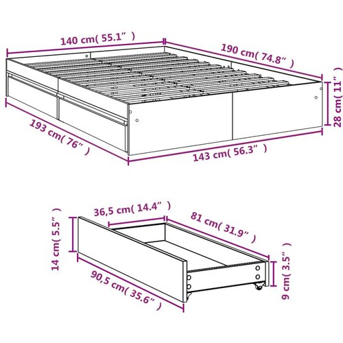  Okvir za krevet s ladicama boja hrasta 140x190 cm drveni Slike