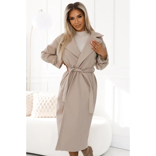 Numoco 568-1 WARM COAT with pockets, belt at the waist and tape on the sleeves - BEIGE