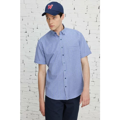 AC&Co / Altınyıldız Classics Men's Navy Blue-White Comfort Fit Comfortable Cut Button-down Collar Cotton Gingham Shirt.