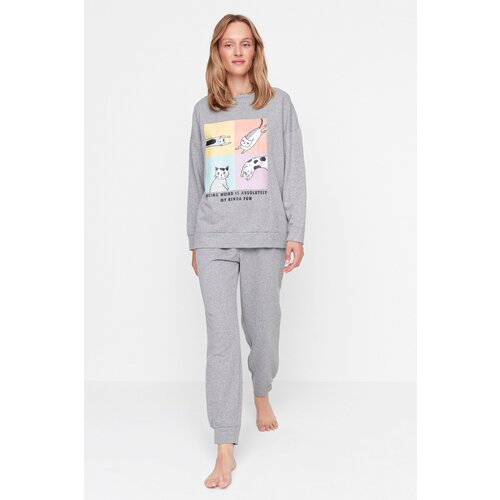 Trendyol Gray Cotton Printed Knitted Pajamas Set Slike