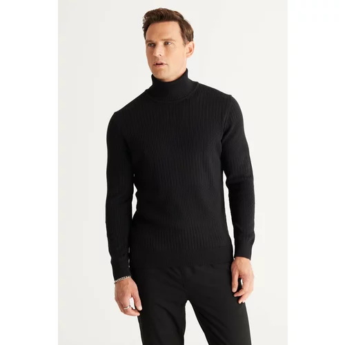 AC&Co / Altınyıldız Classics Men's Black Recycle Standard Fit Regular Cut Full Turtleneck Cotton Jacquard Knitwear Sweater.