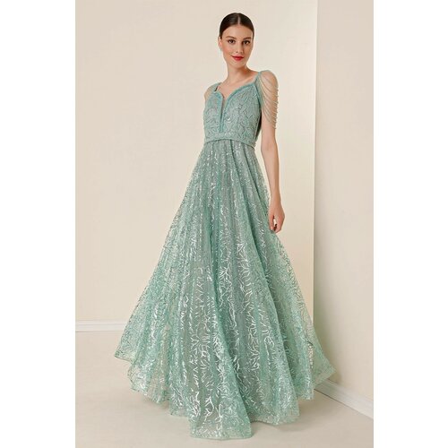 By Saygı Beaded Detailed Lined Glitter Flocked Print Long Dress Mint Slike