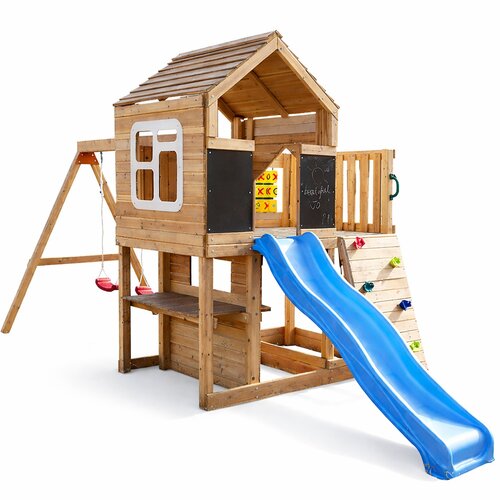 Kinder Home Igralište - Drvena kućica za igru sa toboganom, 2 ljuljaške, penjalicom i peskarnikom 250×150×267 cm Cene