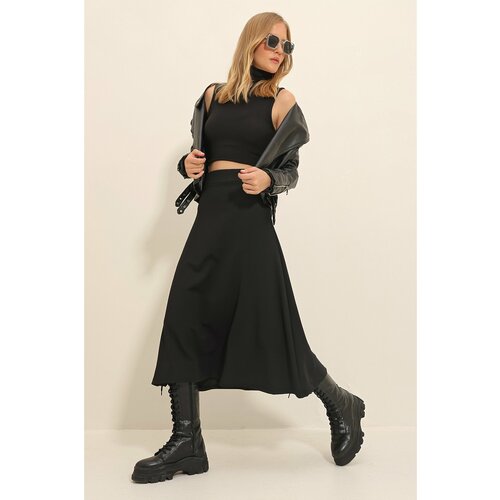 Trend Alaçatı Stili Women's Black High Waist Elastic Waist A Form Midi Length Skirt Slike