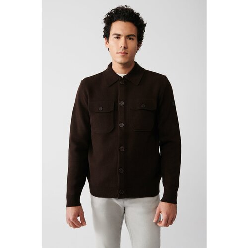 Avva Men's Brown Woolen Chest Pocket Buttoned Polo Collar Standard Fit Normal Cut Cardigan Coat Cene