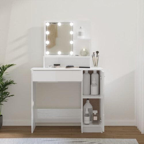 The Living Store Toaletna mizica z LED lučkami visok sijaj bela 86,5x35x136 cm - Toaletna Mizica, (21663717) Cene