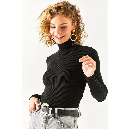 Olalook Women's Black Full Turtleneck Ribbed Lycra Knitwear Sweater