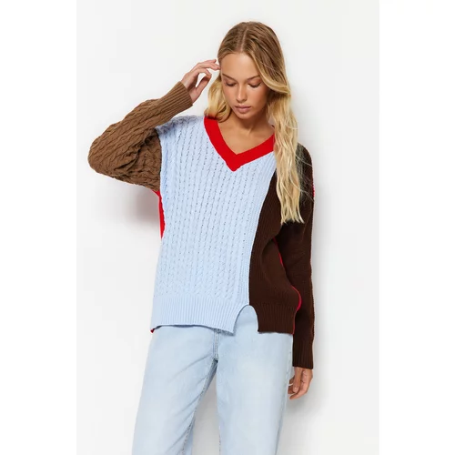 Trendyol Red Wide fit Color Block V-Neck Knitwear Sweater