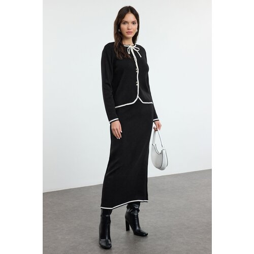 Trendyol Black Bias Accessory Buttoned Knitwear Cardigan Skirt Bottom-Top Set Slike