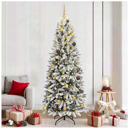 VidaXL Umjetno božićno drvce Bijela 210 cm PVC plastika čelik i PE - 210 cm s LED-ima i zlatnim/brončanim lopticama Zelena i bijela Slike