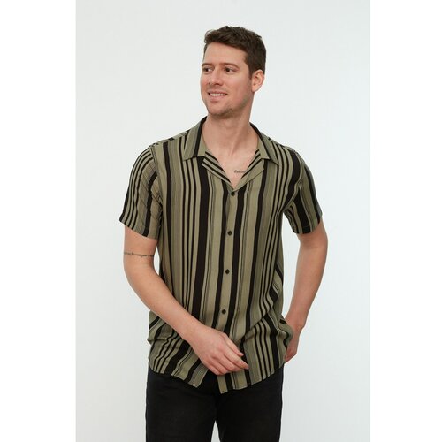 Trendyol Khaki Men Regular Fit Striped Top Collar Flowy Viscose Shirt Slike