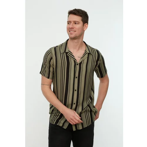 Trendyol Khaki Men Regular Fit Striped Top Collar Flowy Viscose Shirt