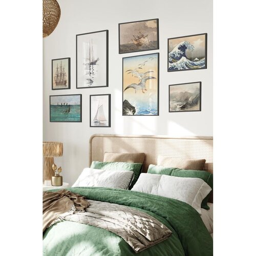 Wallxpert set od 8 uramljenih slika &Ccedil;gs-015, vintage morski motivi &ndash; jedrenjaci, veliki talas, galebovi i olujno more, crni ram Cene