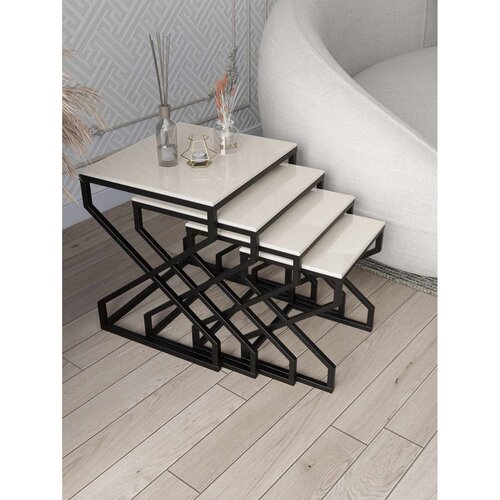 Hanah home Ela set od 4 umetnuta stočića, crni ram, krem MDF ploče Cene