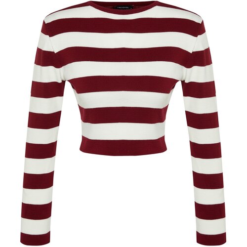 Trendyol Claret Red Crop Basic Striped Knitwear Sweater Cene
