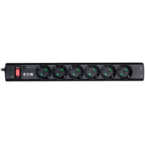 Eaton Protection Strip 6 DIN, 10A, 2500W; Input: Schuko, Outputs: (6) Schuko; Power Cord Lenght 1m; Over voltage protection; On/Off switch; LED indication; 2yr warranty Slike