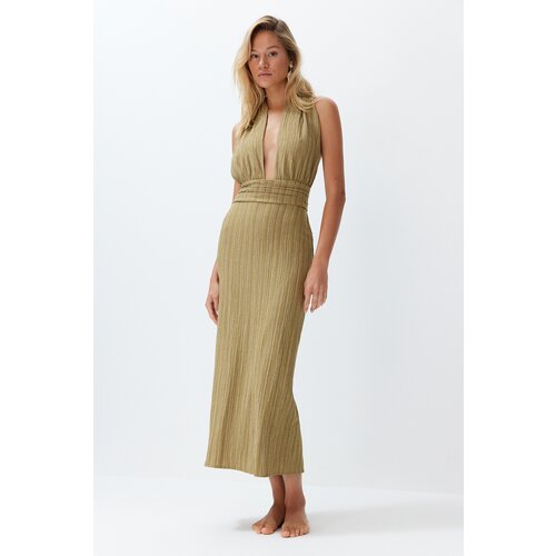 Trendyol Khaki Maxi Woven Back Low-cut Linen Blended Beach Dress Slike