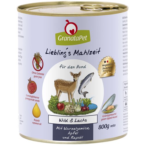 Granatapet Ekonomično pakiranje Liebling&amp;#039;s Mahlzeit 12 x 800g - Divljač i losos s povrćem, koprom, jabukom i repinim uljem Slike