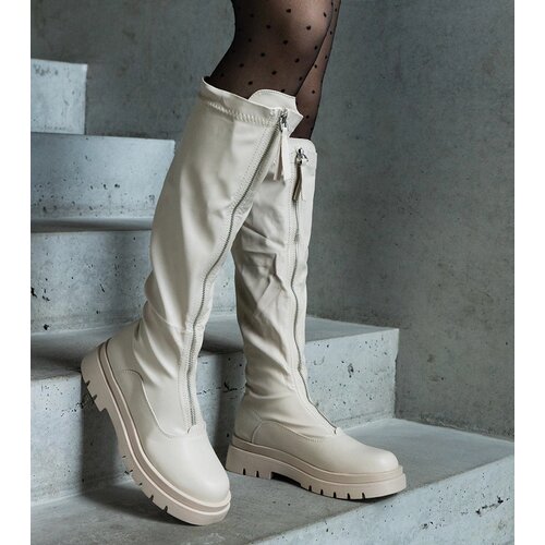 Gemre Beige eco leather flat heel boots decorated with a zipper Hala Cijene