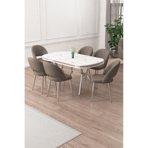 Hanah home trpezarijski set Jita, sto i 6 stolica, ploča u dekoru belog mermera, hromirane noge, kapućino tkanina Babyface Cene