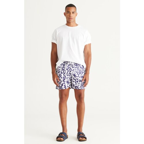 AC&Co / Altınyıldız Classics Men's White-Navy Blue Standard Fit Regular Fit Quick Dry Side Pocket Patterned Swimwear Marine Shorts Slike