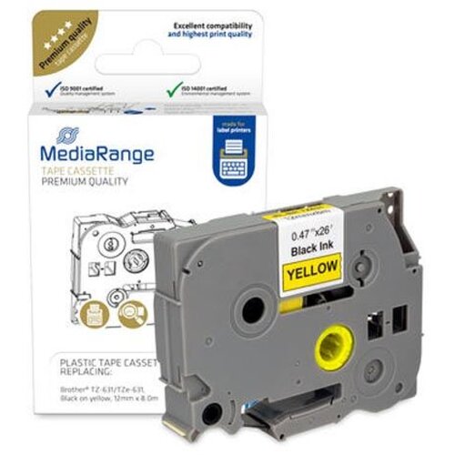 Mediarange Kaseta s trakom za tiskalnike etiket - Brother TZ-631 / TZe-631, trajno lepilo, 12mm, 8m, laminiran, rumen trak, črn izpis Slike