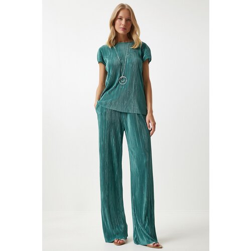  Women&amp;#039;s Vibrant Green Pleated Casual Blouse Trousers Set Slike