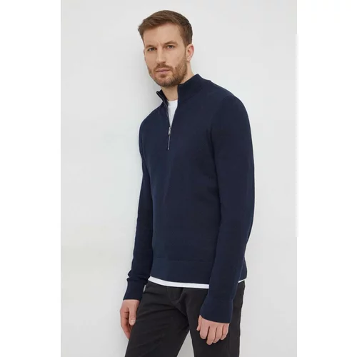 Boss Pamučni pulover boja: tamno plava, lagani, s poludolčevitom