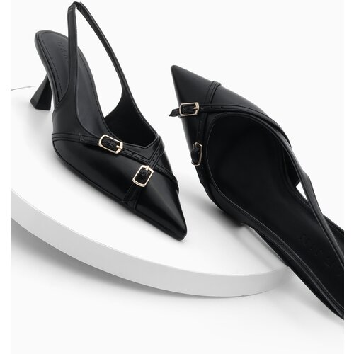 Marjin Women's Stiletto Pointed Toe Open Back Thin Heel Heel Shoes Pouch Black Cene