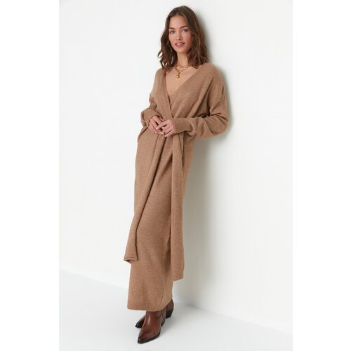 Trendyol Camel Double Breasted Collar Tie Detailed Knitwear Dress Slike