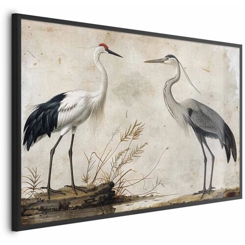  Plakat - Birds from an Old Engraving - vintage-style illustration of a heron and a crane 90x60 Crni okvir Cene