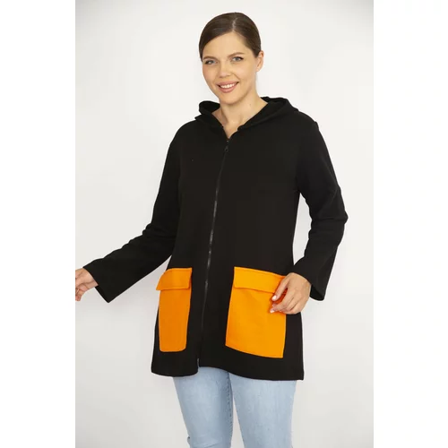Şans Women's Plus Size Orange Front Zipper And Pocket Hooded Sweatshirt