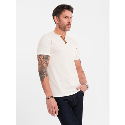 Ombre Men's t-shirt with button neckline and suede trim - white Cene