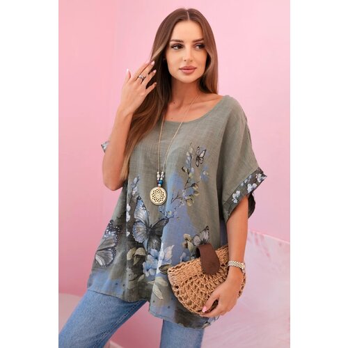 Kesi Włoski Women's cotton shirt with butterflies and flowers khaki Cijene