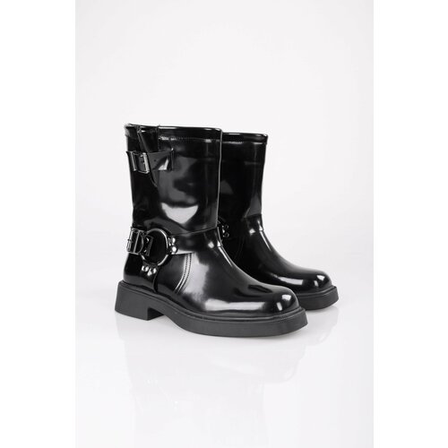 Shoeberry Women's Brocks Black Patent Leather Buckle Thick Sole Boots Cene