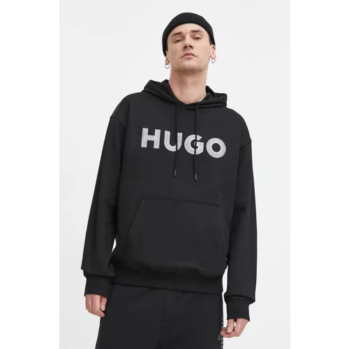 Hugo Bombažen pulover moška, črna barva, s kapuco