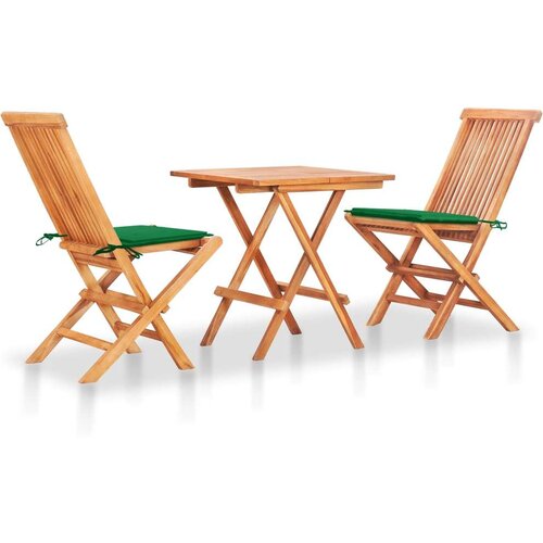 VidaXL 3-dijelni bistro set sa zelenim jastucima od masivne tikovine Slike