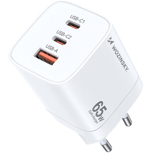 Wozinsky GaN 65W 100-240V USB-A 2x USB-C stenski polnilec bel, (21580917) Cene