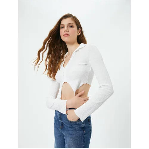 Koton Crop Blouse Asymmetrical Cut Textured Slim Fit Long Sleeve Shirt Collar