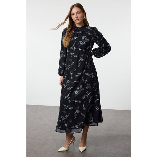 Trendyol Navy Blue Chiffon Woven Floral Patterned Dress Slike