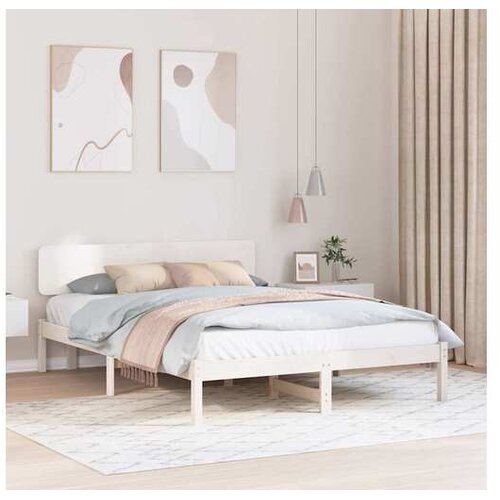 VidaXL postelja z vzglavjem, borov les, bela, 145,5&amp;times;206,5&amp;times;74 cm Slike