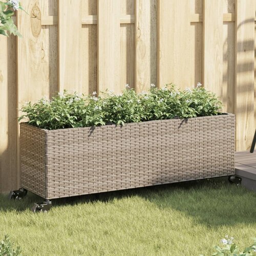 VidaXL Vrtna sadilica s kotačima 3 posude siva 107x32x38 cm poliratan Slike