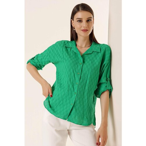 By Saygı Button-Front Polo Collar Shirt with Buttons, Folded Sleeves Dark Green Cene